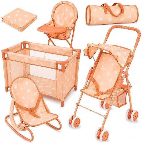 4-in-1 Baby Doll Stroller Set with Butterfly Design – Includes Toy Stroller, Crib, Bouncer & High Chair – Doll Accessories & Baby Doll Furniture Set for Kids Ages 3+ – Fits Dolls up to 18 Inches
