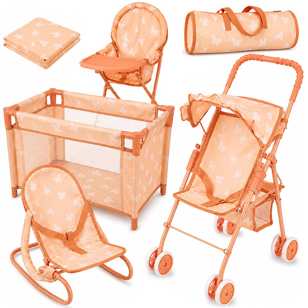 Photo 1 of 4-in-1 Baby Doll Stroller Set with Butterfly Design – Includes Toy Stroller, Crib, Bouncer & High Chair – Doll Accessories & Baby Doll Furniture Set for Toddlers 3-4 Years – Fits Dolls up to 18 Inches