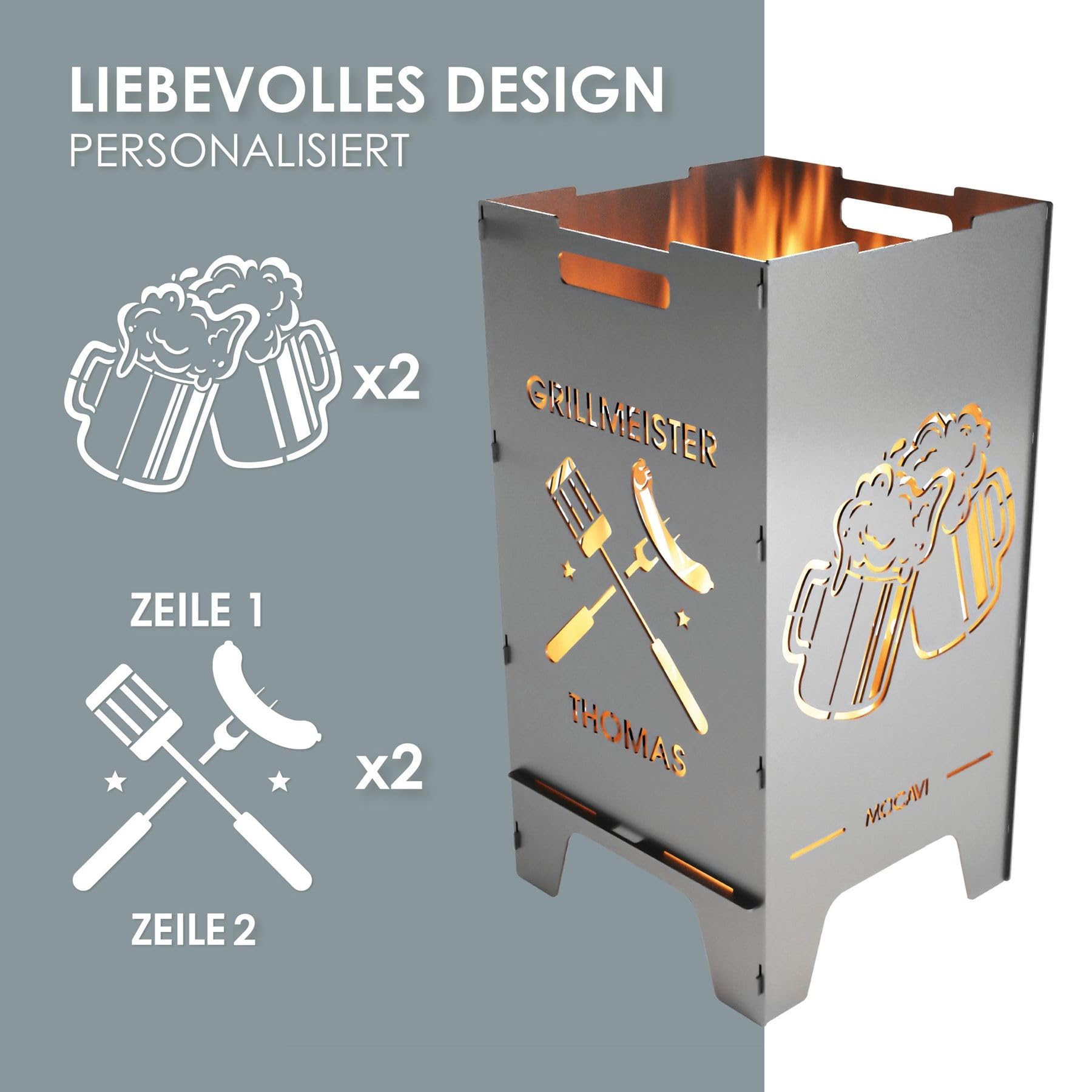 MOCAVI Feuertonne Grillen 73 cm | 3 mm Stahl personalisiert Feuerkorb Feuerschale sicher massiv robust Design-Feuerfass für Garten und Terrasse groß eckig Feuerstelle Outdoor hitzefest außen