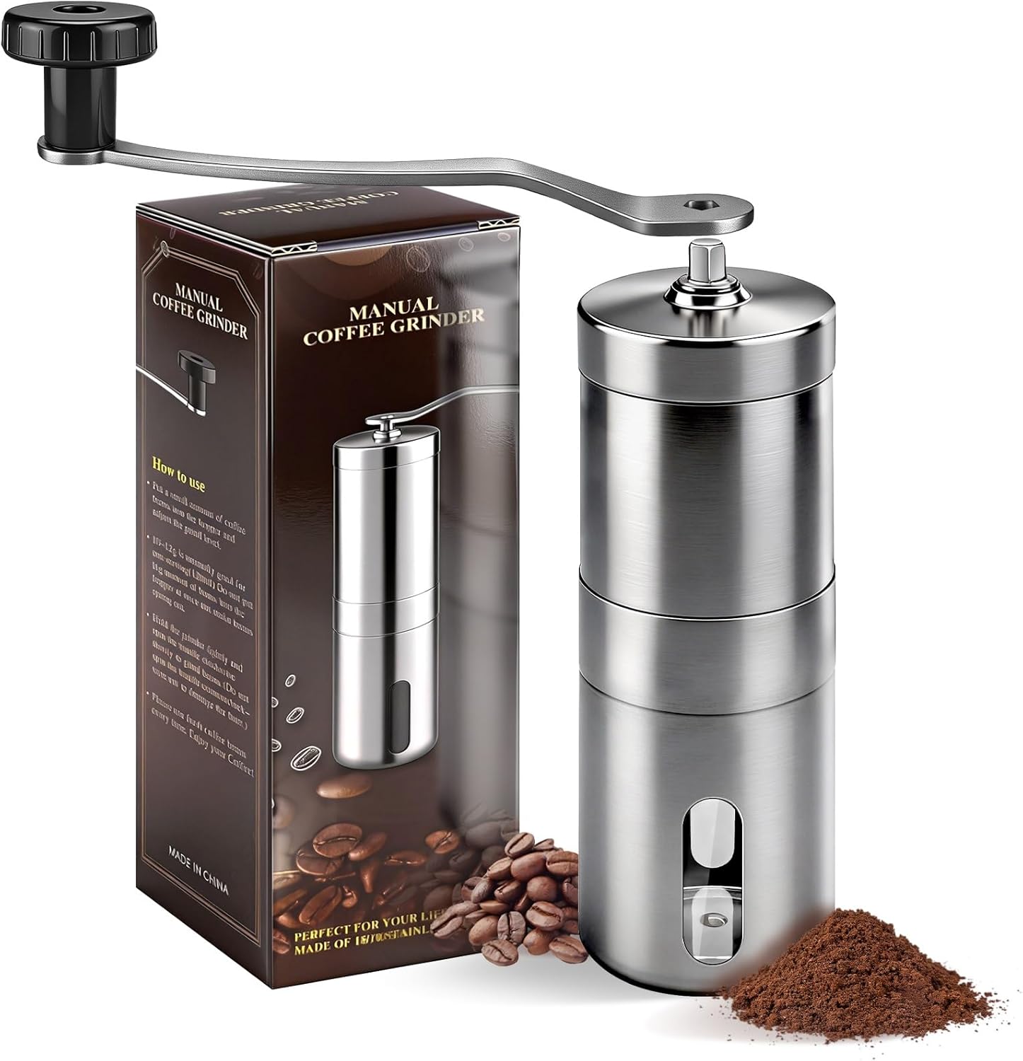 Manual Stainless Steel Coffee Grinder, Portable Conical Burr Hand Crank Grinder for Espresso, Pour Over, French Press & Camping, Quiet Adjustable Grind, Detachable Handle, Travel-Friendly
