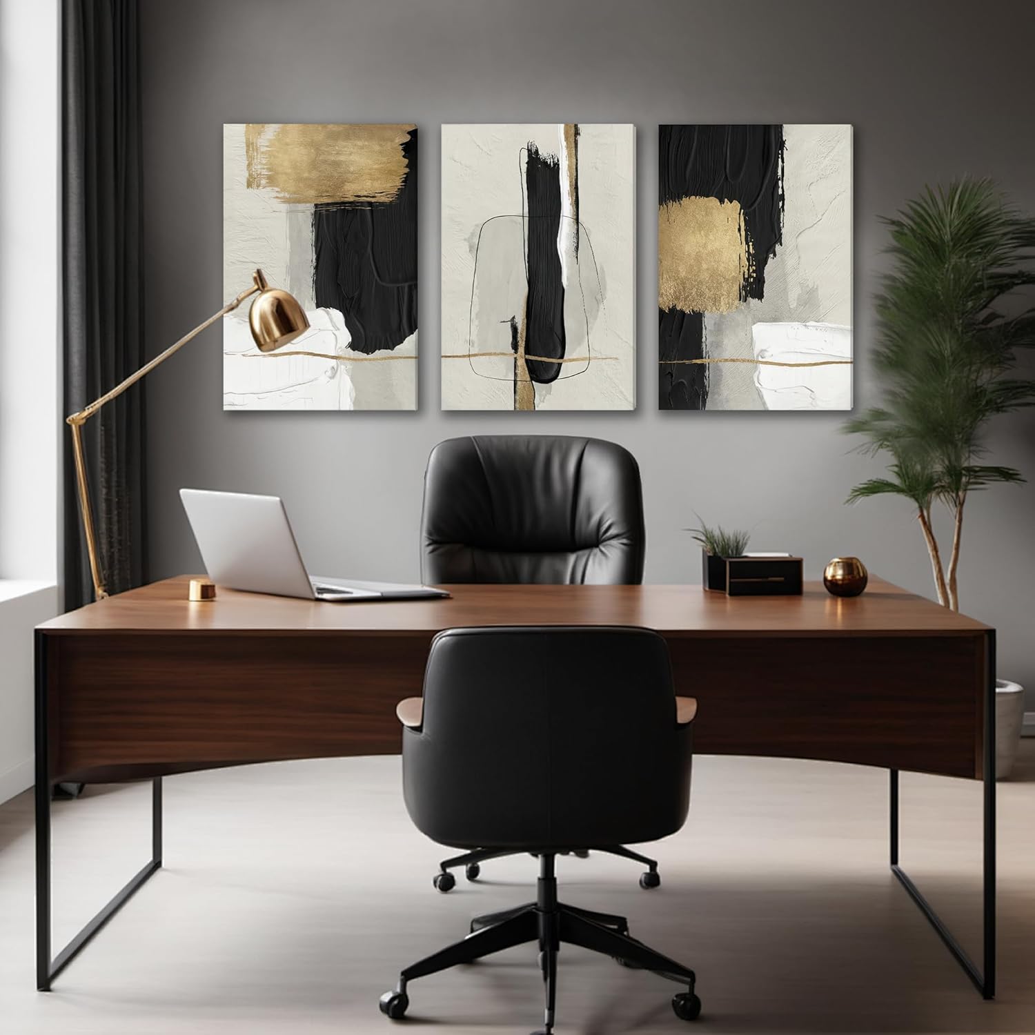 DUWQU 3 Pieces Black and Gold Abstract Canvas Wall Art, Modern Black Gold and White Wall Decor, Minimalist Grey Beige Block Art Prints for Living Room Bedroom Office Home Decorations 16×24 Inches