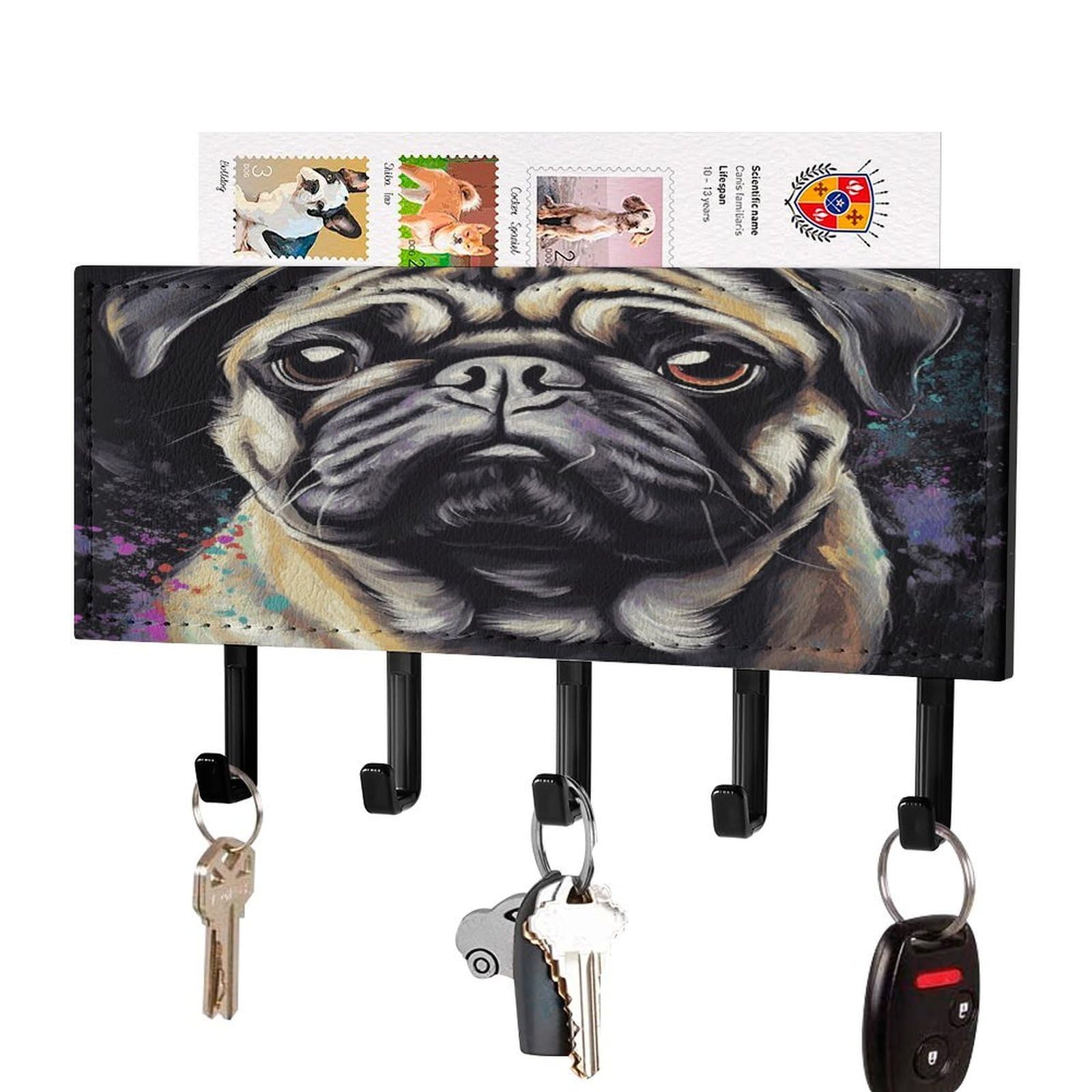 Fekiloot Black-Style Portrait Of Pug Key Holder Wall Mount Decorative Key And Mail Holder With 5 Hooks Key Hanger Organizer Pu Key Rack Decorative Home Decor For Wall Living Room Entryway Office