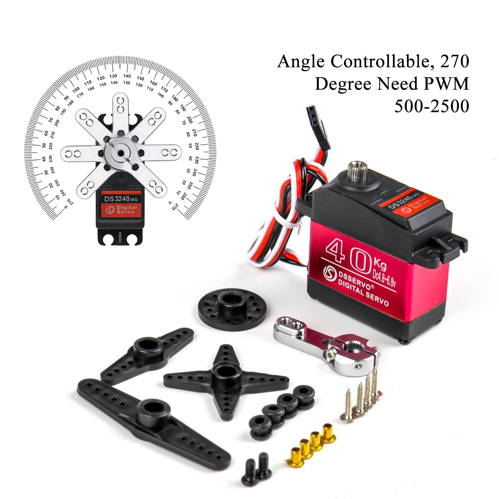 DS3240 Digitaler Servo Motor, 40 kg Drehmoment, 180/270 Grad, Wasserdicht, 2 Stück mit Zubehör (2PCS 270 Degree)