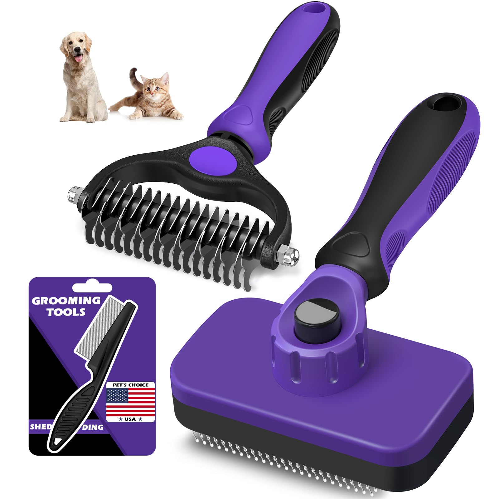 3PCS Self Cleaning Slicker Brush Pet Grooming Rake Flea Comb for Dogs Cats and Horses Double-Sided Dematting Comb