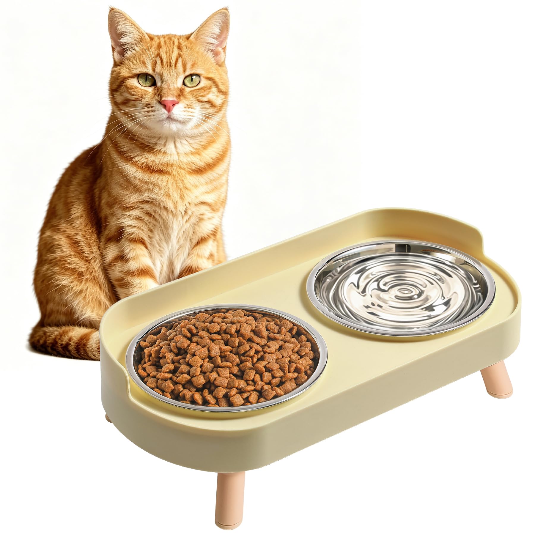 LoeJan Elevated Cat Bowls Set - Raised Cat Food and Water Bowl Set with Non Slip Stand - Pet Feeding Station with 2 Stainless Steel Bowls with Splash Proof Guard