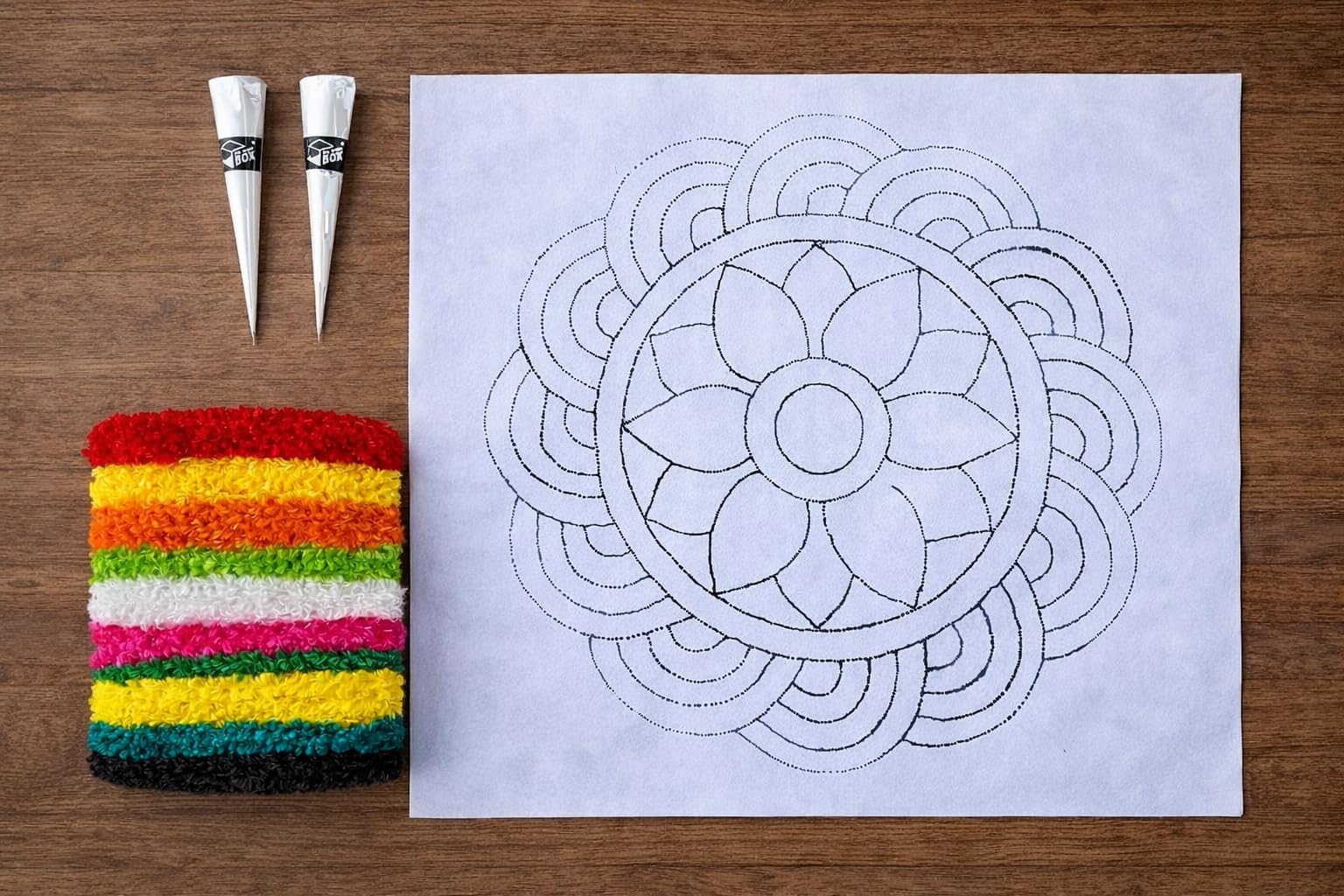 THE BROWN BOX-DIY Fur Wool Rangoli Making Kit with Printed Cloth Template (18x18 inch), Multicolour Feather Wool Yarn & 2 Fabric Glue Cones | Complete Rangoli Craft Kit for Diwali, Pooja & Festive Decoration