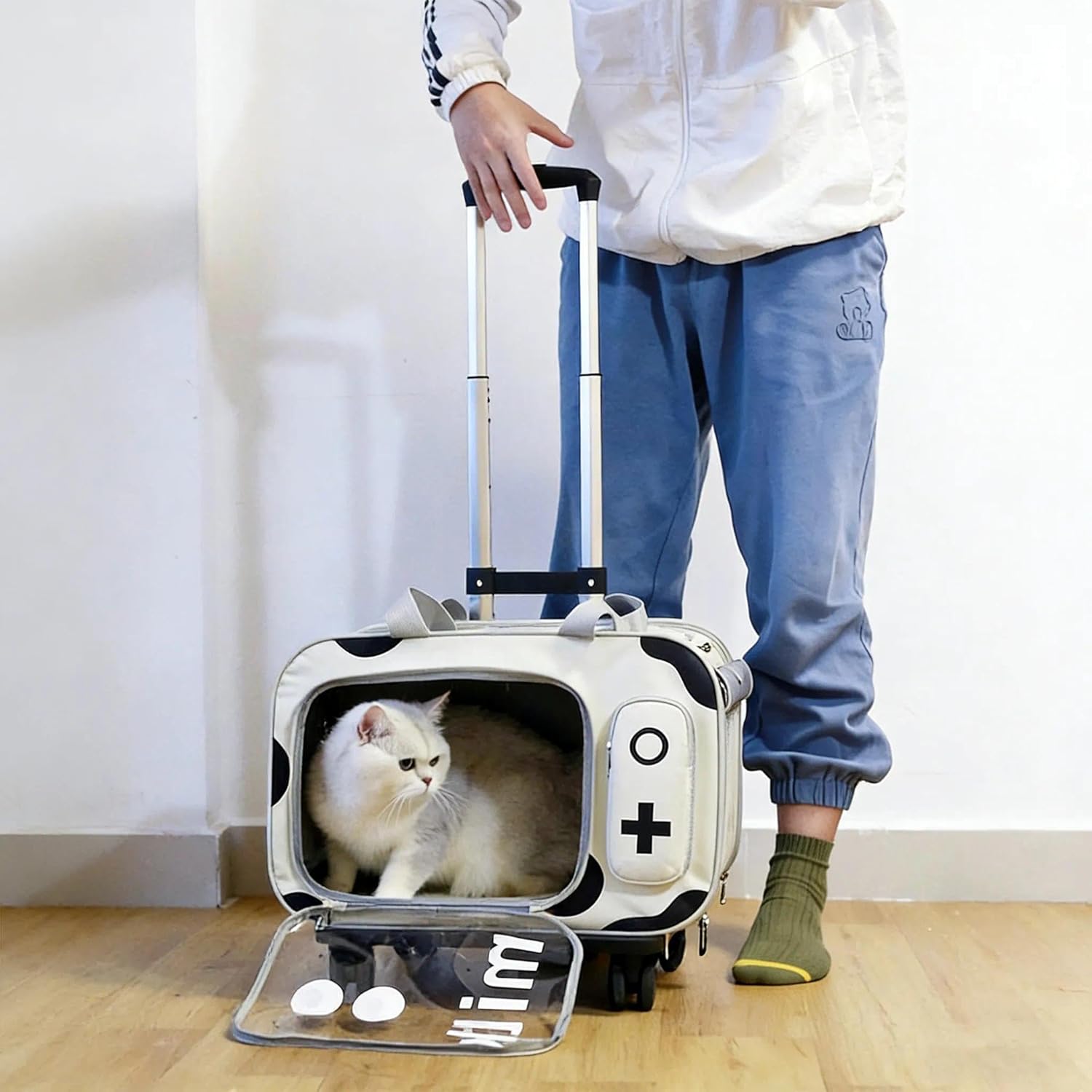 Pet Trolley Bag with Wheels & Retractable Handle, Foldable Pet Trolley Bag, Cow Print Pet Carrier for Cats Small Dogs Travel Camping Outdoor, 22 Lb Capacity
