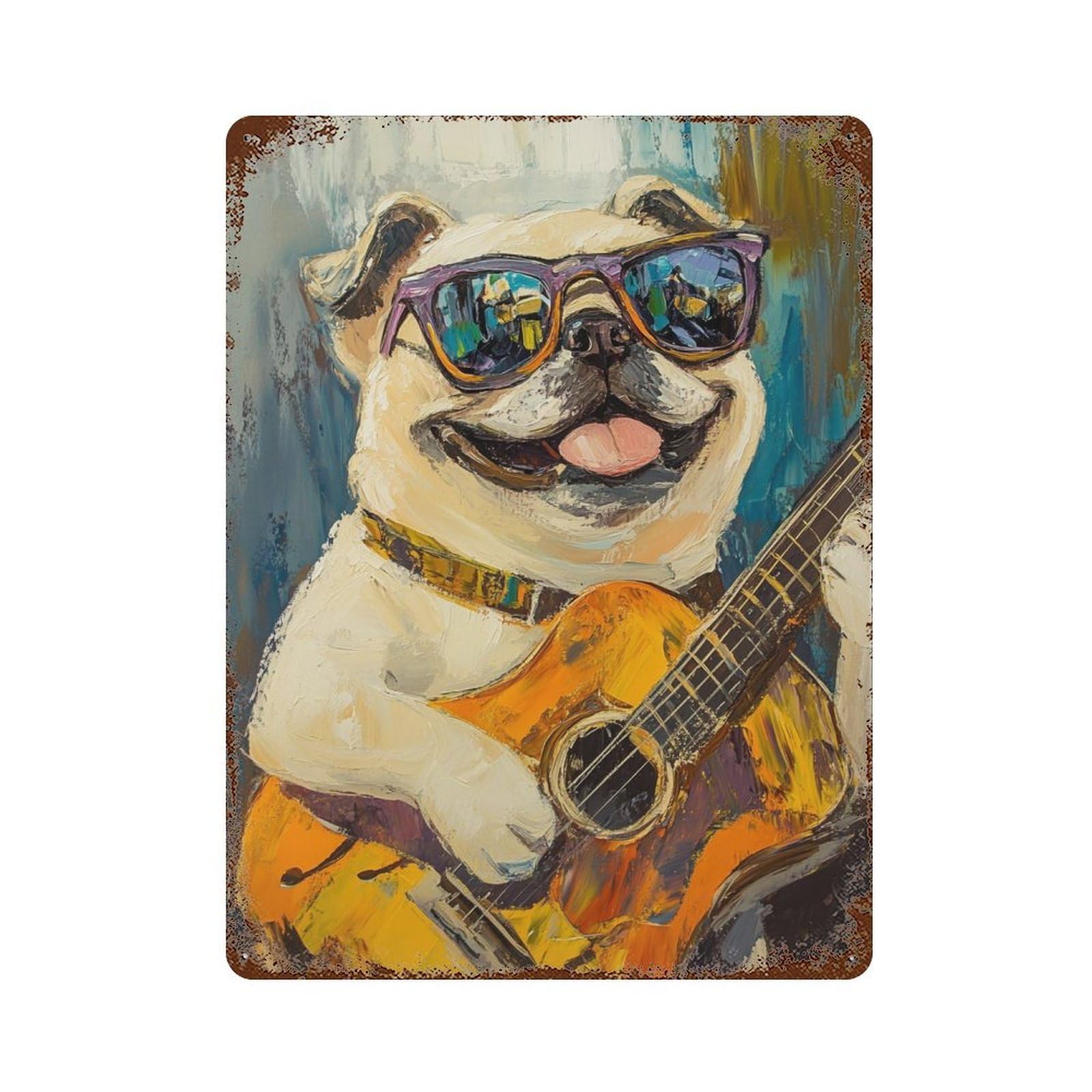 Musician Pug with Guitar Weathered Tin Sign 15.7"x11.8", Classic Wall Plaque for Garage, Bar And Workshop Decor