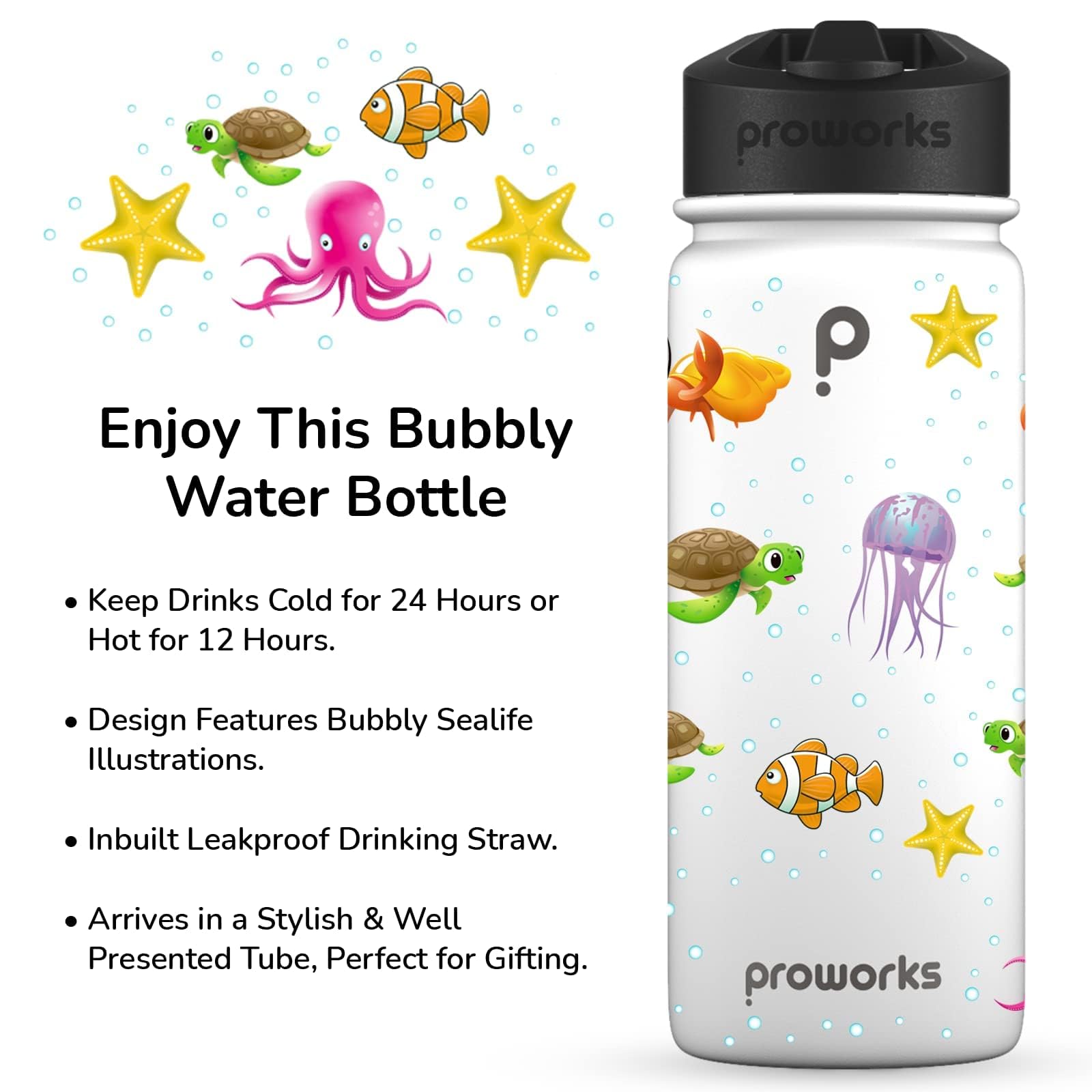 PROWORKS Gen 2 Borraccia Termica con Cannuccia | 1L Bottiglia Acqua in Acciaio Inox | Bevande Fredde 24 Ore e Bevande Calde 12 Ore, Sport, Lavoro, Palestra - Bianco Puro - sotto Il Mare
