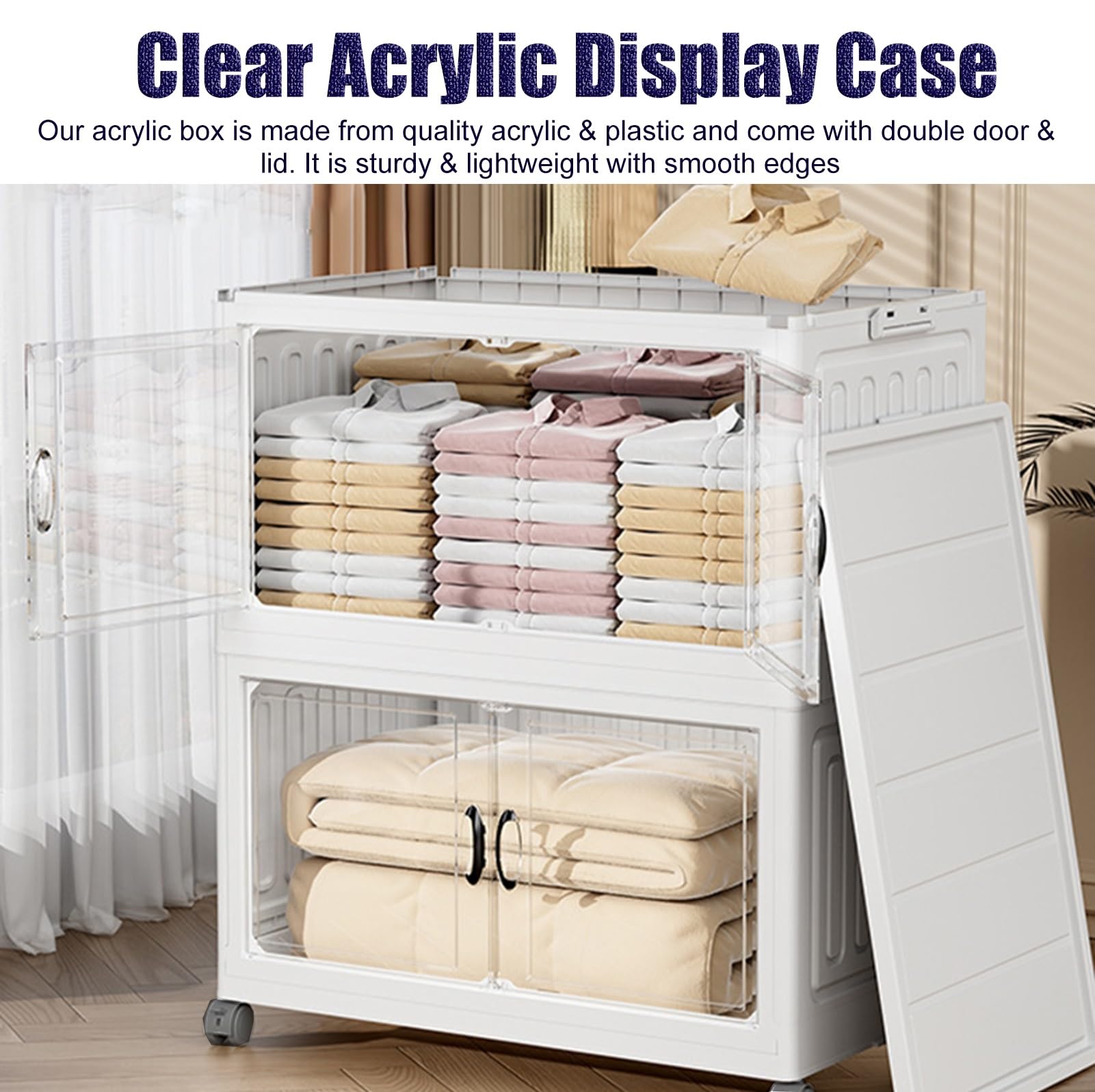 Teca Plexiglass Vetrina Pieghevole in Plastica con Ruote, Contenitore Impilabile con Doppia Anta e Coperchio, Vetrina in Acrilico Trasparente per Oggetti da Collezione(5-Layer)
