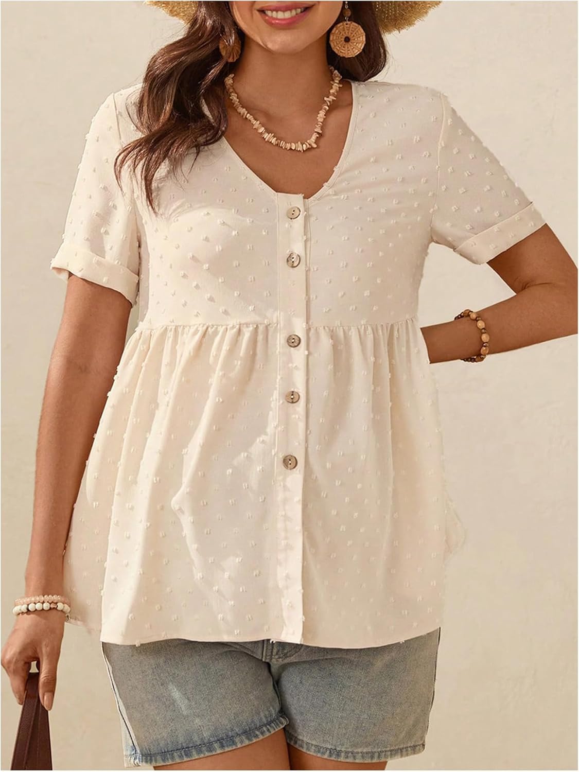 MakeMeChic Women's Maternity Casual Blouses Peplum Pregnancy Short Sleeve V Neck Button Down Shirts Nursing Top - Image 4
