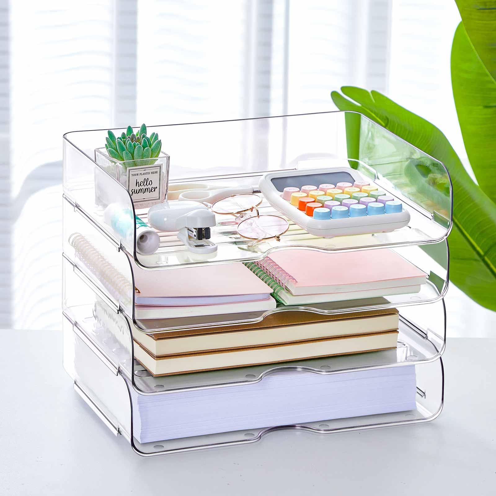 Juexica Lot de 4 corbeilles à courrier de bureau A4 en PET transparent empilable avec fond antidérapant, organisation de bureau et rangement pour notes, stylos, papier de fichier, bureau