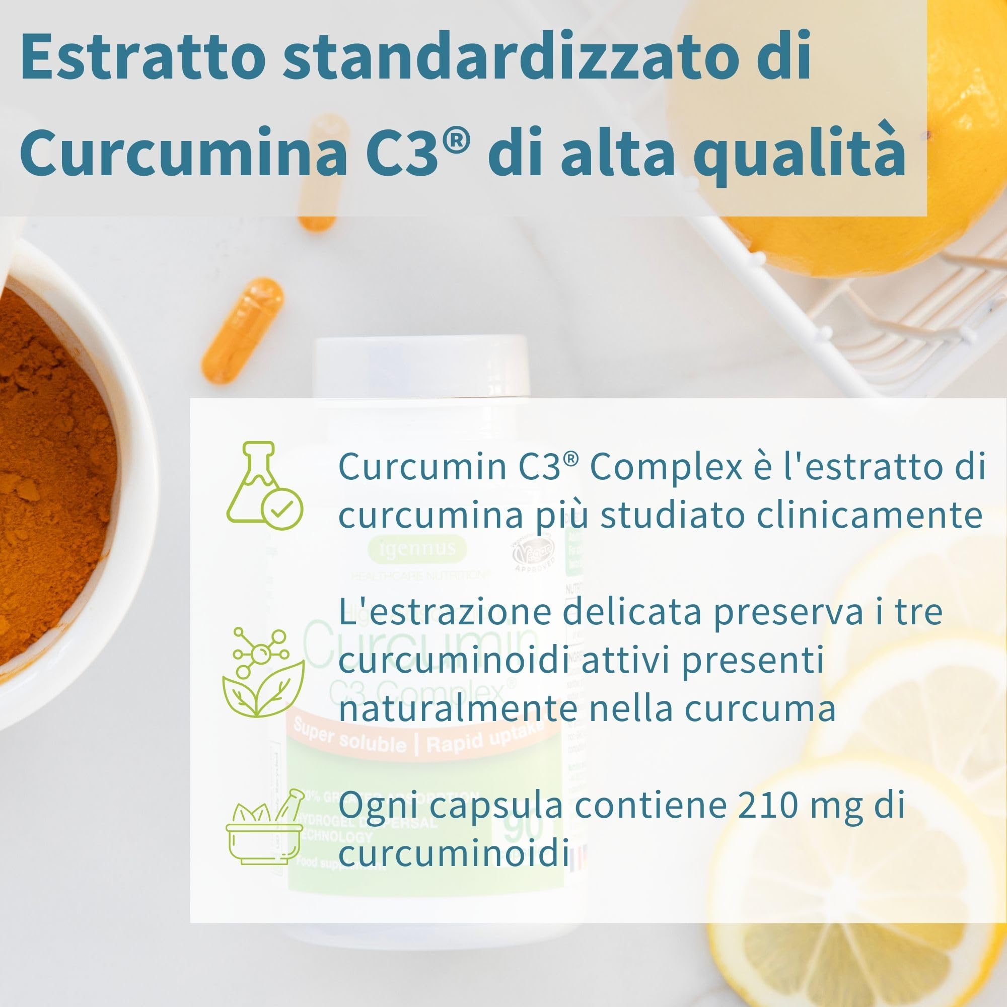 Igennus Curcumin C3 Complex Ultra Solubile, Senza Pepe Nero, Assorbimento Rapido e Superiore +300% rispetto alla Curcumina Classica, Estratto Standardizzato al 95%, 90 Capsule Vegane, 1 al giorno