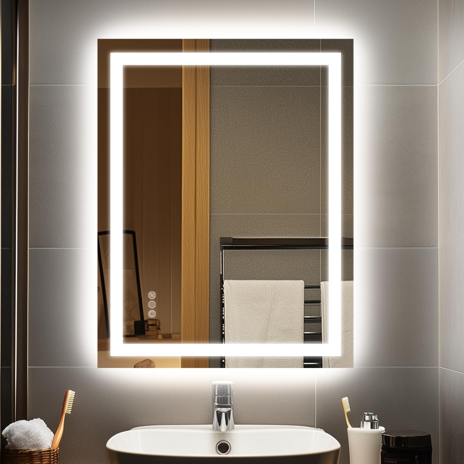 28x20 inch led bathroom mirror with lights, anti-fog, dimmable | backlit & front lit lighted vanity mirror for wall, smart bathroom mirror with memory function, tempered glass