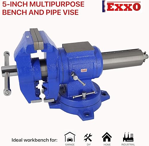 Miniatura 5 de EXXO Banco multiusos de 5 pulgadas y tornillo de tubo de hierro dúctil pesado 50,000 PSI Base giratoria de 360 grados y cabezal (8810)