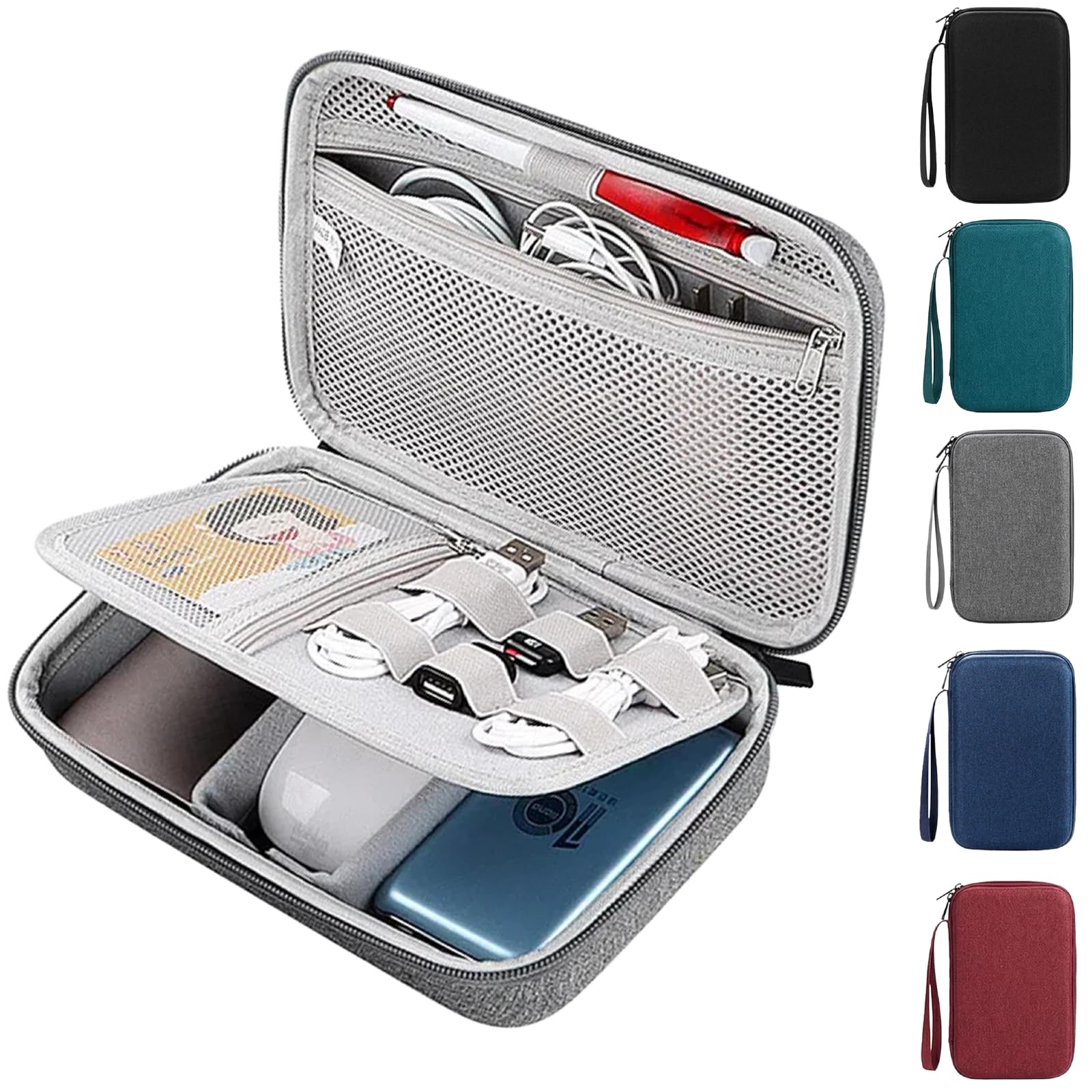 Arae Hartschalen Kabel Organizer Tasche | Stossfestes Eva-Reiseetui 14.5x23x6.5cm | Doppellagig verstellbare Faecher Fuer Ladegeraet Maus Powerbank Kabel | Wasserdicht (grau)