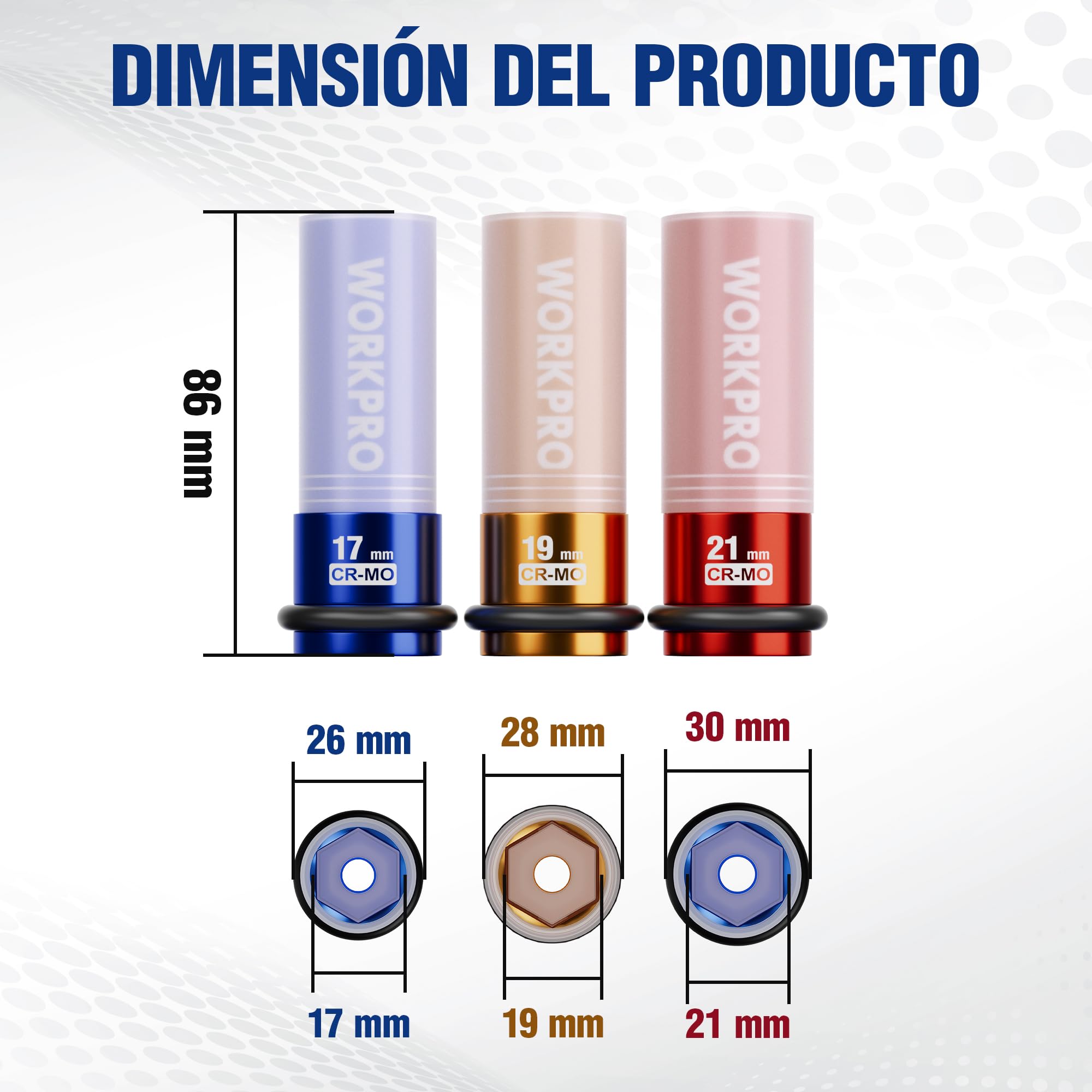 WORKPRO Pack 3 Vasos Impacto 1/2" con Protector Llantas, 17/19/21mm, CR-MO | Protectores Desmontables y Anillos de Caucho para Reparación y Mantenimiento de Ruedas de Automóviles