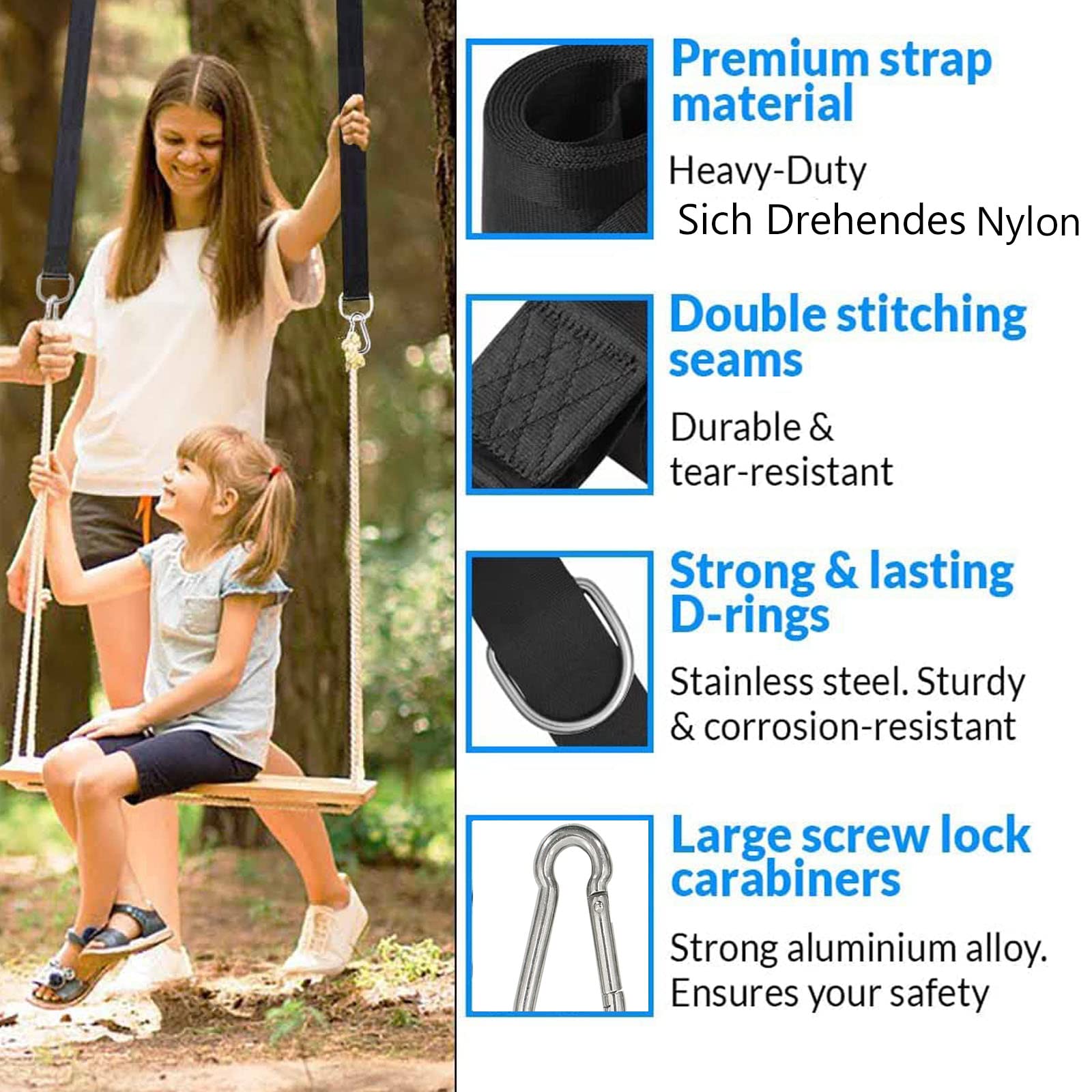 TNSLAND 2 Sangle Balancoire Arbre Fixation Hamac Sangles de Suspension Sangle Hamac Attache Balancoire en Nylon avec 2 Mousquetons et 2 Anneaux en D pour Balancoire de Jardin Hamac Ou Siège Suspendu