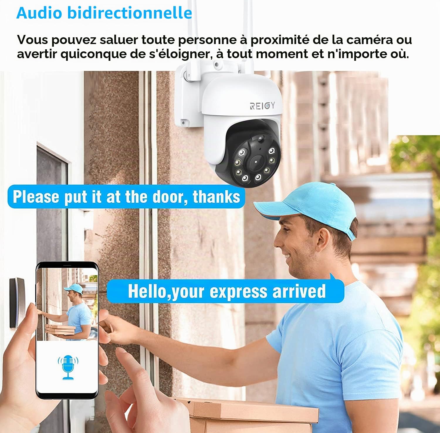 REIGY 3MP Caméra de Surveillance WiFi Extérieure PT 360 1296P IP Caméra de Sécurité sans Fil avec Détection de Mouvements Vision Nocturne en Couleur Audio Bidirectionnel Etanche IP66 Interieur