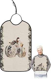 Adult Bibs for Elderly Women - Thanksgiving Waterproof Dining Clothing Protectors with Crumb Catcher for Eating/Feeding, Floral Paint Pumpkin Black Flower Fall Burlap Terry Cloth Bib Washable