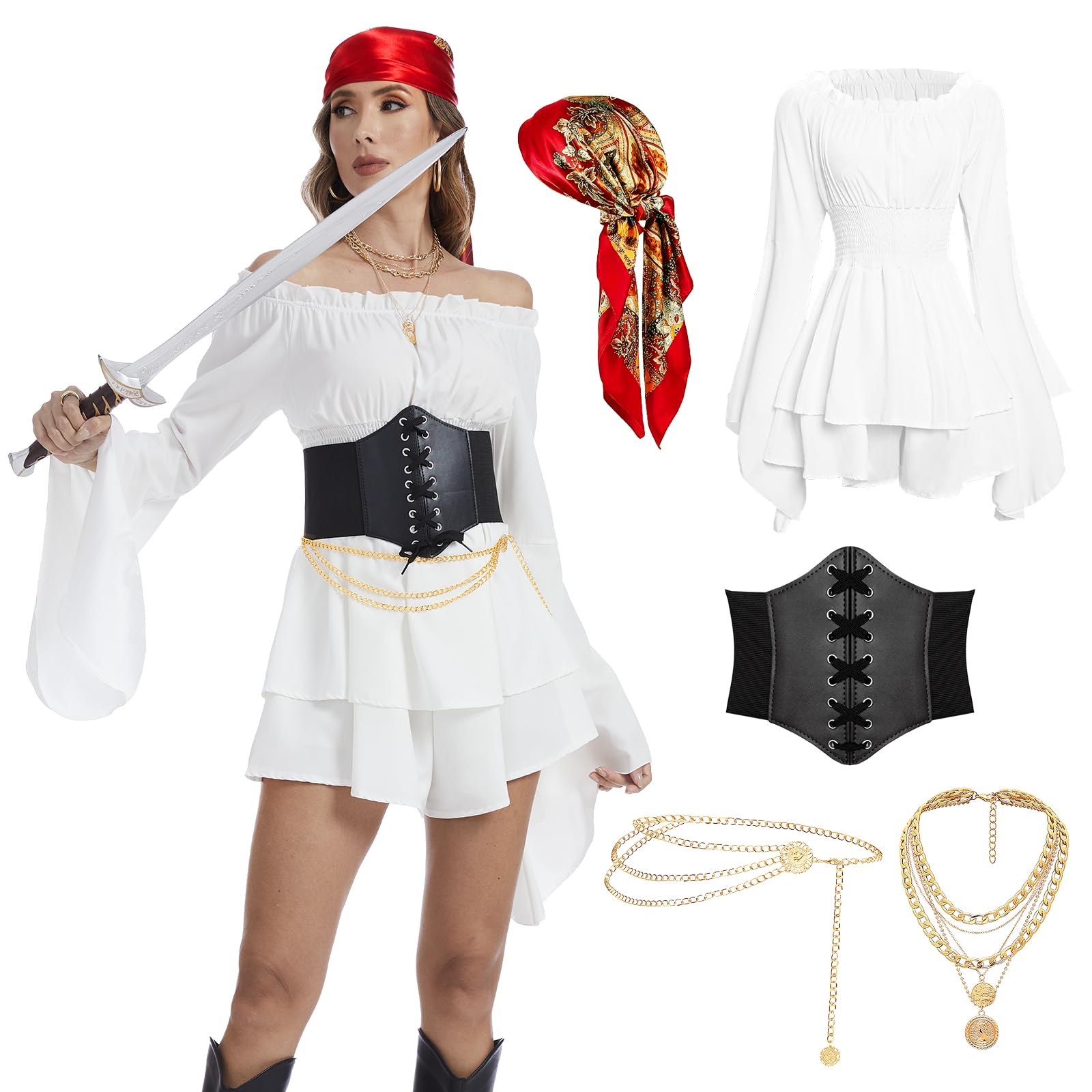 Costume de pirate pour femme - Robe à épaules dénudées - Avec corset, foulard, collier de pirate, chaîne de taille pour carnaval, fêtes et mascarades
