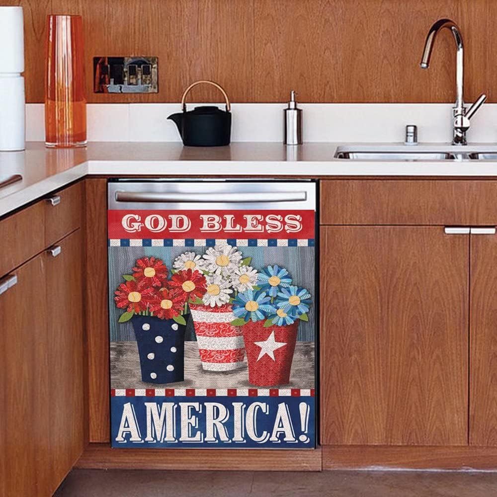God Bless America Dishwasher Magnet Decal,American Flower Fridge Magnetic,Star Patriotic Refrigerator Panel Decal Kitchen Decor,American Flag Home Appliance Sticker Wallpaper 23"x26"