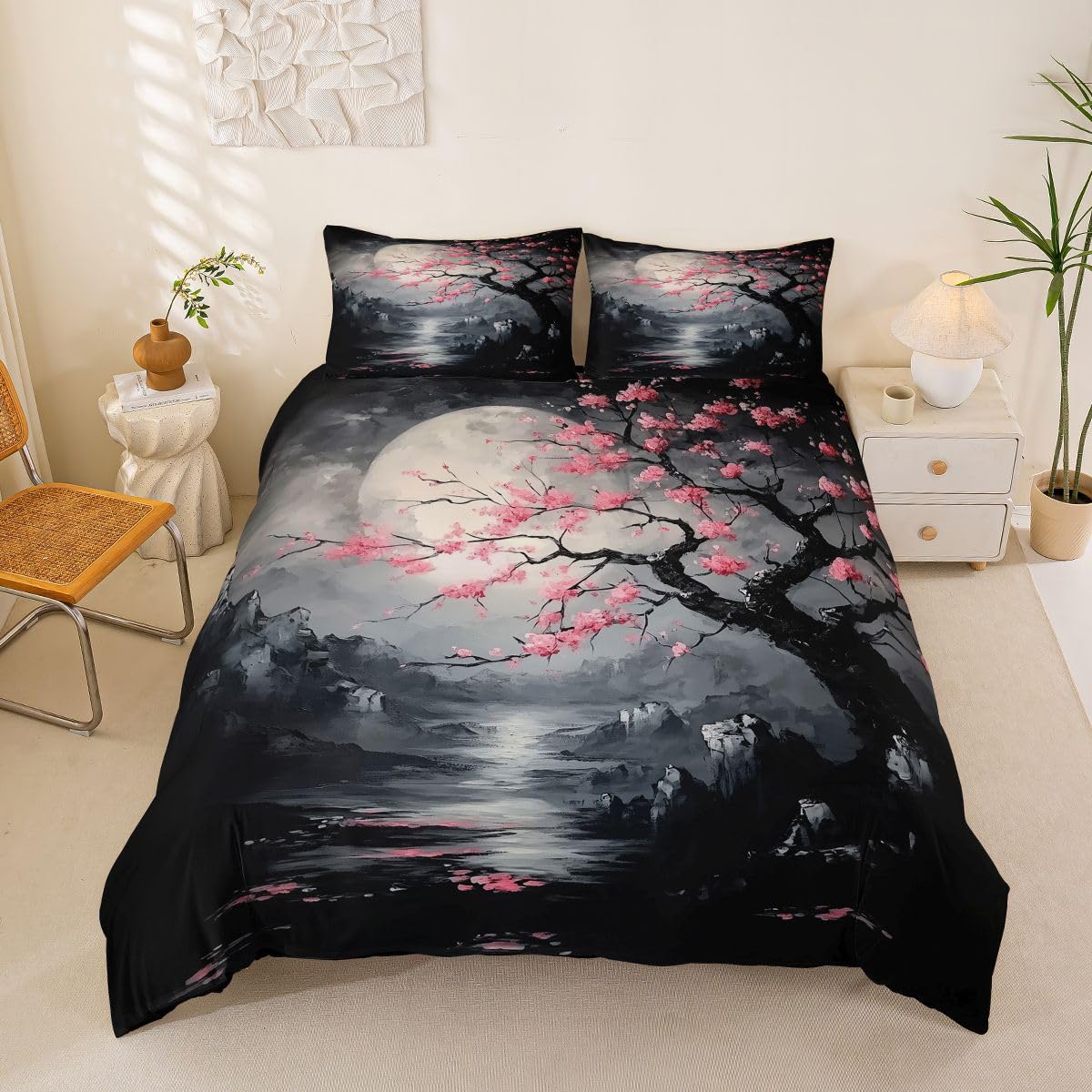 Loussiesd Cherry Blossom Night Duvet Cover Single Size Japanese Style Comforter Cover for Boys Girls Ink Landscape Bedding Set 2Pcs Mountain Lake Room Decor