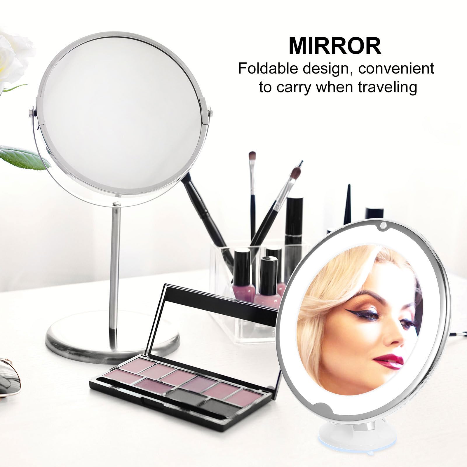POPETPOP Espejo de Maquillaje LED Luz 10X Aumento Espejo Giratorio 360° Ventosa para Tocador Portátil para Maquillaje y Cuidado Personal