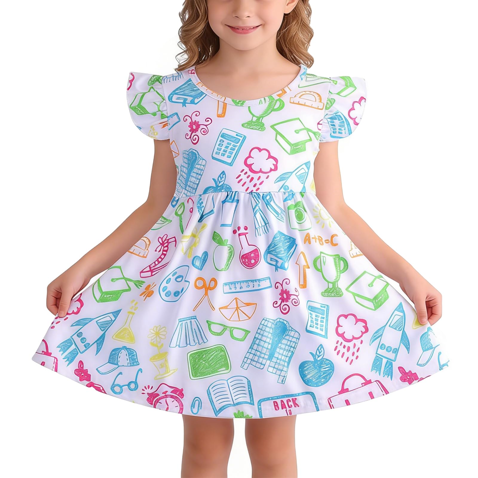Heippwy Toddler Girl Back to School Dress Ruler Pencil Print Ruffle Bottom Casual Dress Summer Outfits 3-8Y