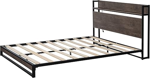 Miniatura 8 de Base de cama de plataforma tamaño Queen con cabecera de madera almacenamiento debajo de la cama no necesita somier sin ruido