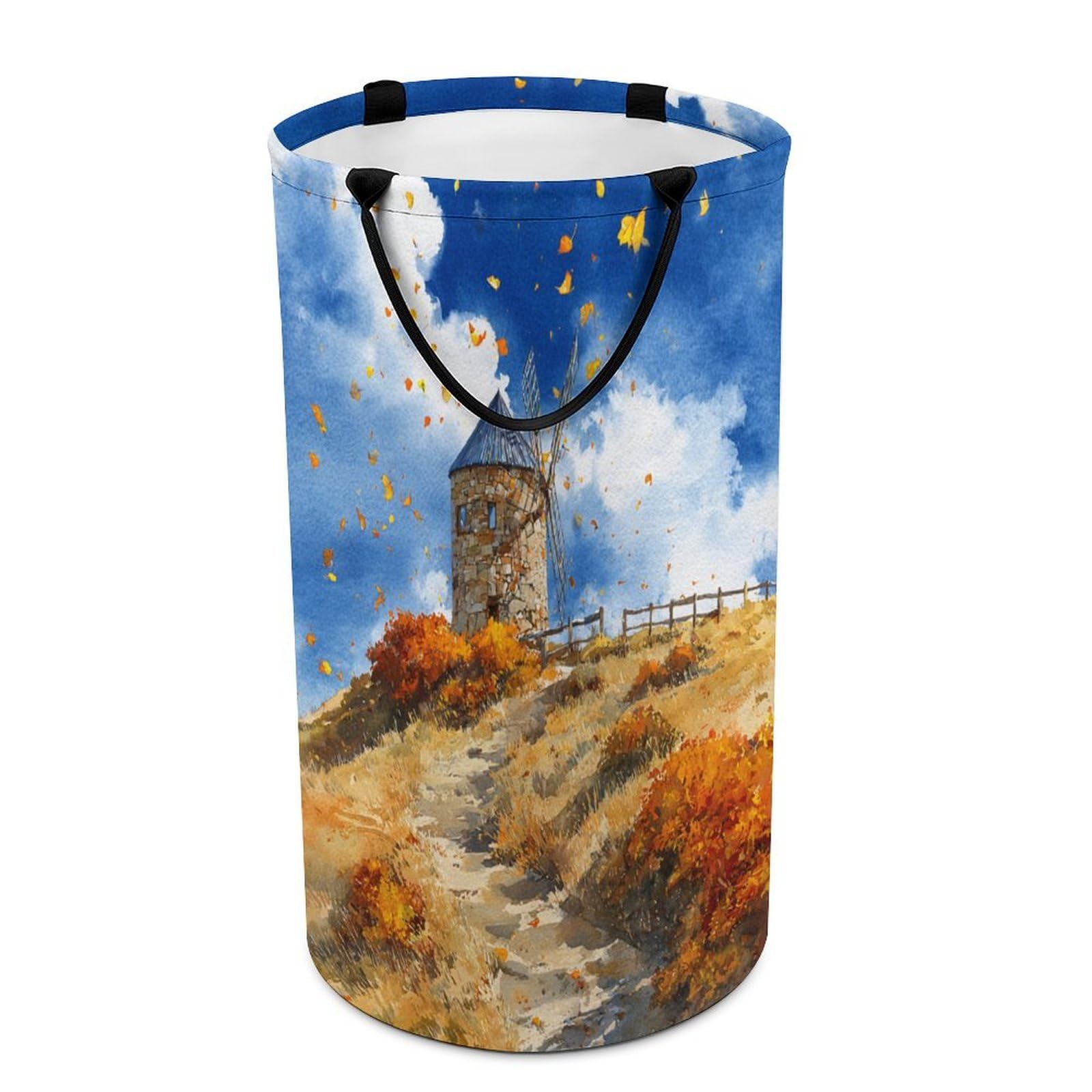 LUYYSKY Beautiful Realistic Fall Windmill Collapsible Dirty Clothes Basket, Western Abstract Farmhouse Barn Autumn Leaves Pattern Portable Clothes Storage Basket