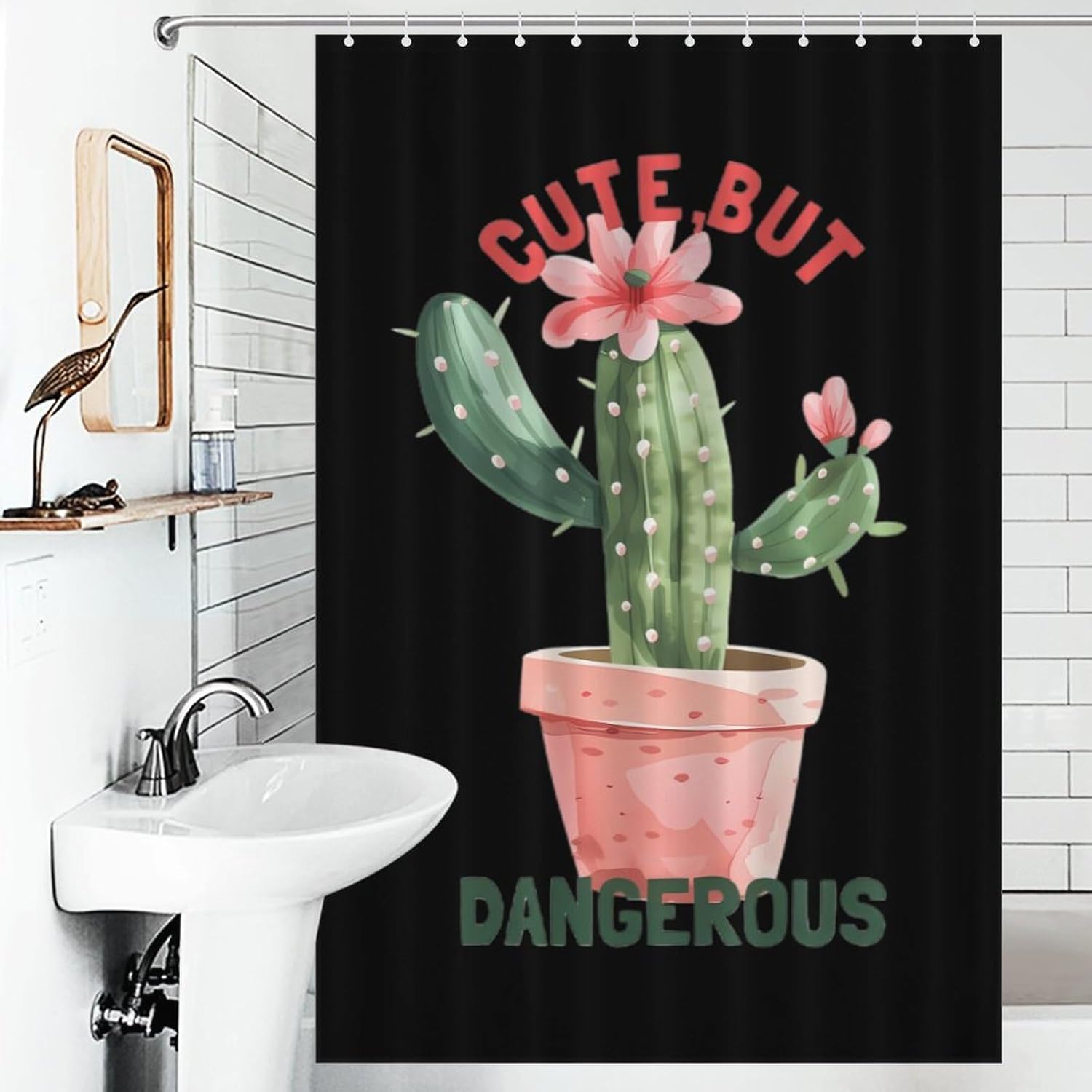 Cute But Dangerous Plants Cactus Funny Shower Curtains Washable Bath Curtain Liner with Hooks for Bathroom Bath Tubs