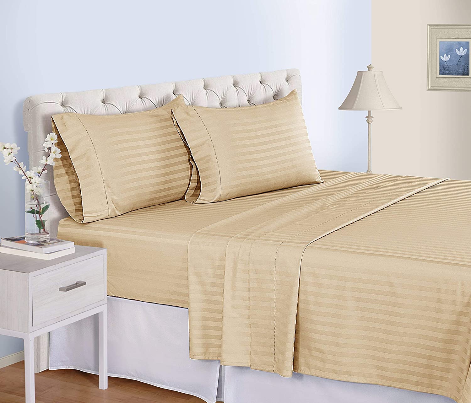 LUXURIOUS BEDDING 800-Thread-Count Egyptian Cotton Wrinkle Resistant 25" Deep Pocket 4 PC Sheet Set (1 Fitted + 1 Flat + 2 Pillow Cases) King Size Taupe Striped