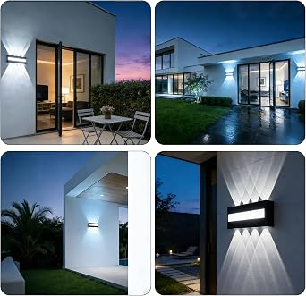 Outside Wall Lights - 6000K Cool White Lighting, IP65 Waterproof Modern Indoor Outdoor Black Wall Lamp, Up Down 8 Lamps Outside Lights, Outside Lights Mains Powered for Living Room, Porch, Gardens [Energy Class A]