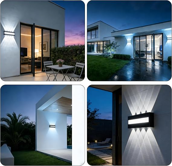 Outside Wall Lights - 6000K Cool White Lighting, IP65 Waterproof Modern Indoor Outdoor Black Wall Lamp, Up Down 8 Lamps Outside Lights, Outside Lights Mains Powered for Living Room, Porch, Gardens [Energy Class A]