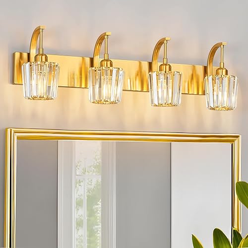 Miniatura 10 de Luces de tocador de cristal cromadas de 4 luces, modernas lámparas de baño de cristal sobre espejo de 32.67 pulgadas de largo para baño Cromo