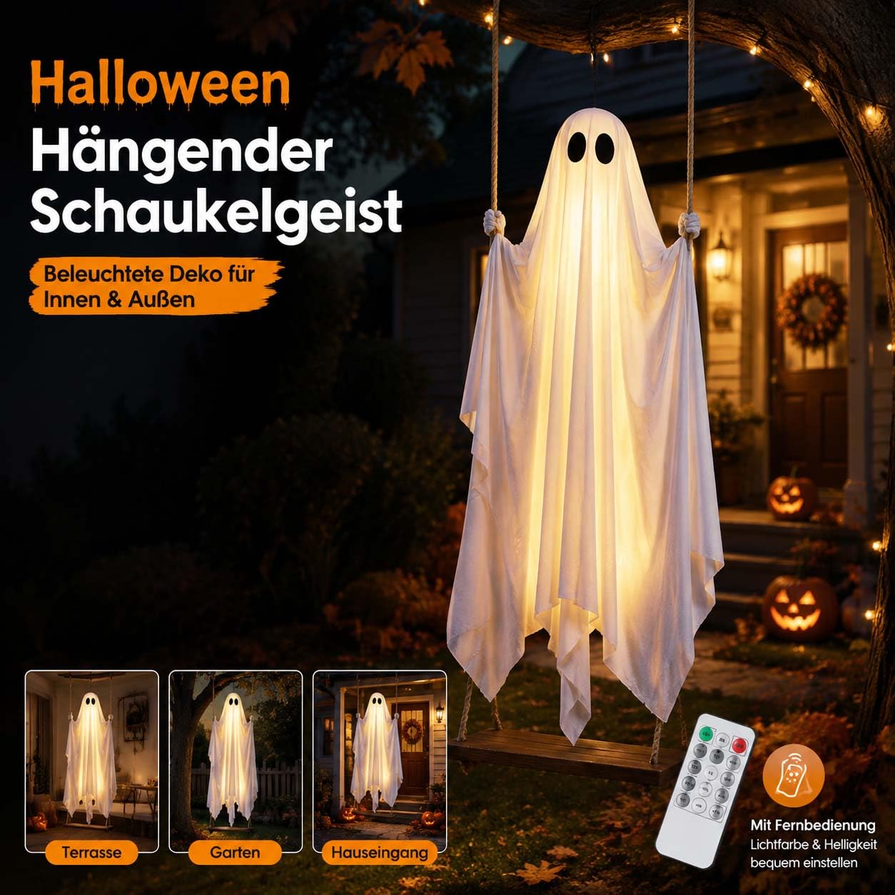 Swinging Ghost mit Fernbedienung & Led, Halloween HäNgender Schaukelgeist, Leuchtende Geist mit Holzschaukel, füR Garten, Hof, Veranda, Feiertage (B-Leuchtend)