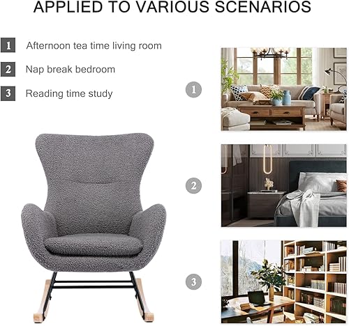 Miniatura 7 de Kiztir Mecedora pequeña para guardería, mecedora moderna con respaldo alto, cómoda silla deslizante para guardería, sala de estar, dormitorio (gris)