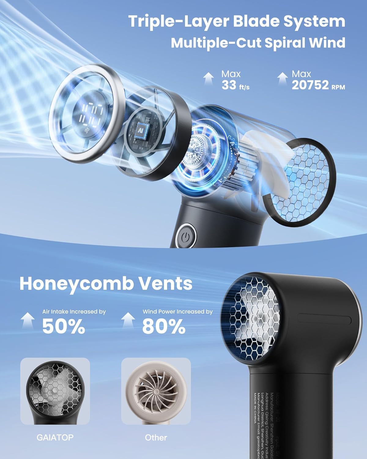 Gaiatop Mini Portable Handheld Fan, 4000mAh [15h Max Runtime] Personal Turbo Fans Pocket Size, High Speed 1-100 Adjustable Small Hand Fan, Outdoor Travel Concert Essentials, Gifts for Women Men, Black - Image 4