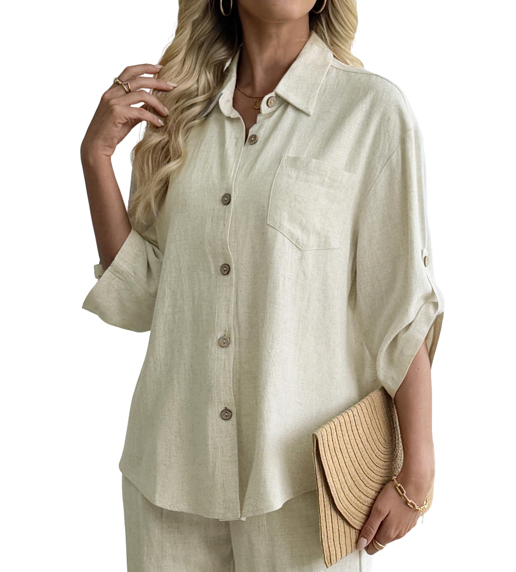 Chemise boutonnée en coton et lin à manches 3/4 pour femme, chemisier ample décontracté à col surdimensionné