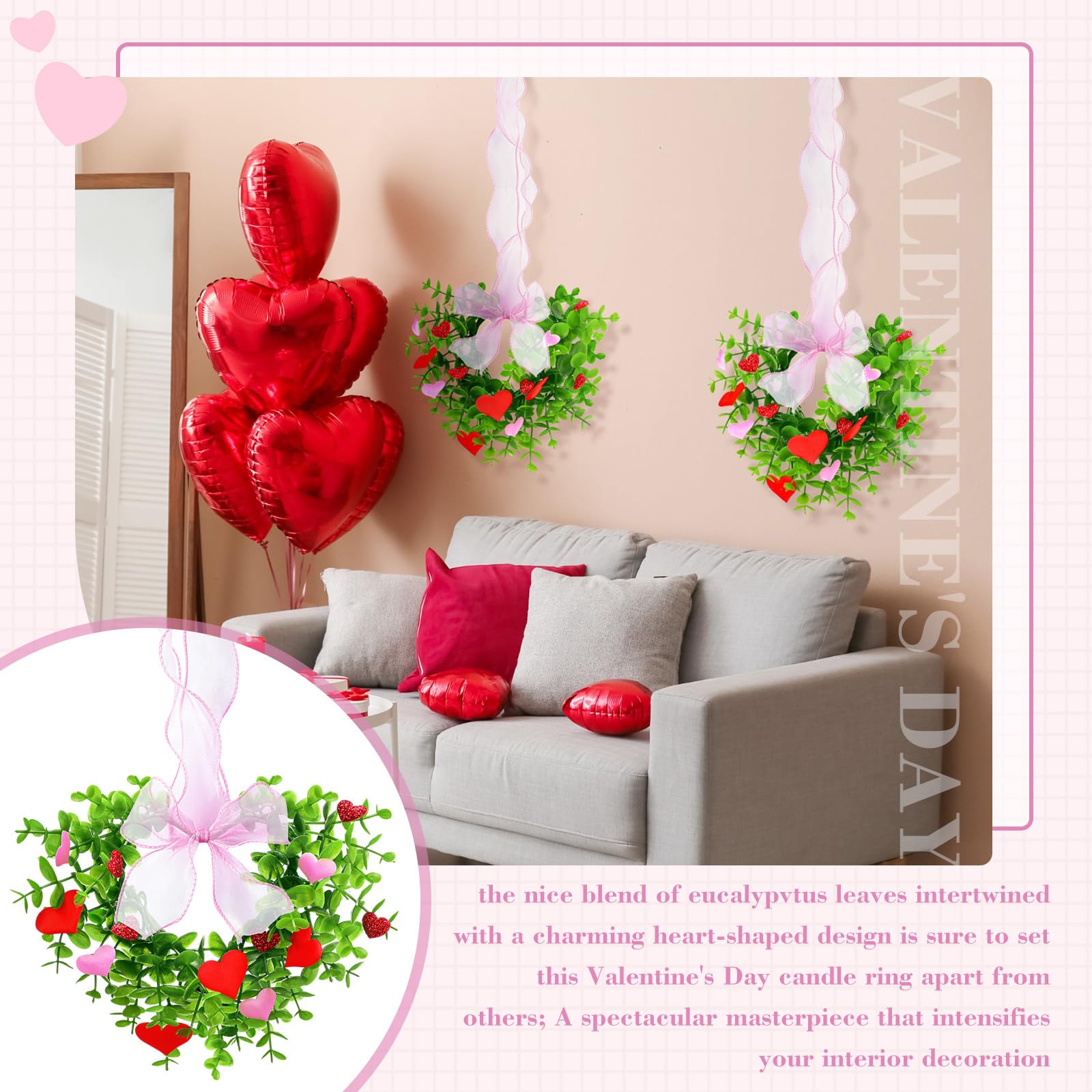 6 Stück Valentinstag Herz Kranz Dekorationen Küchenschrank Kränze mit rosa Schleife Mini-Kränze künstlicher Eukalyptus Frühling Grün hängende Dekorationen Kranz für Fenster Wand Hochzeit Party