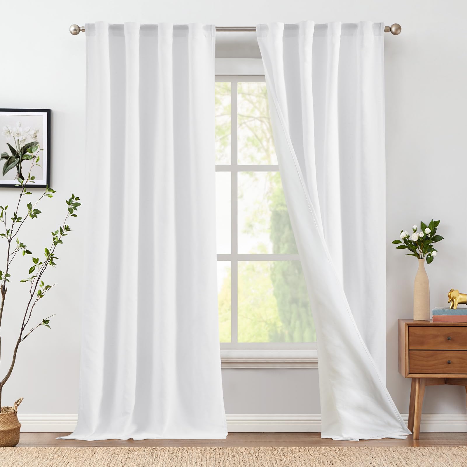 jinchan Linen White Curtains 96 Inches Long for Living Room Farmhouse Rod Pocket Back Tab Light Filtering Window Drapes with Lined for Bedroom White 2 Panels