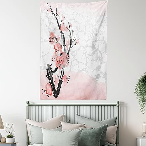 Vista 5 de Ambesonne Tapiz floral, flor de cerezo japonés, rama de árbol de Sakura suave, estampado de acuarela pastel, colgante de pared para dormitorio, sala