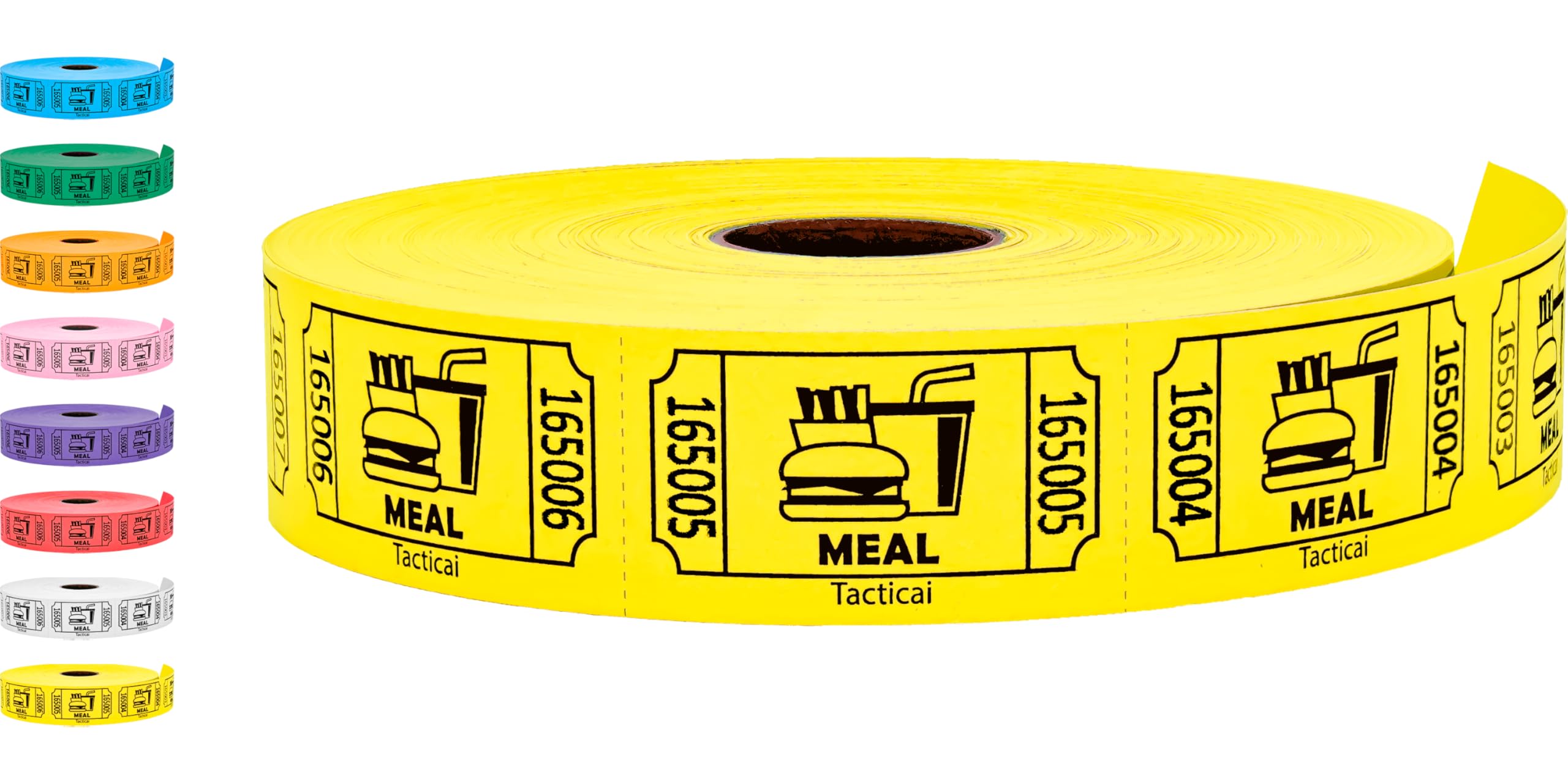 Tacticai 1000 Raffle Tickets, Meal, Yellow (1 of 8 Colors), Single Roll, Ticket for Events, Food, Class Reward, Fundraiser & Prizes