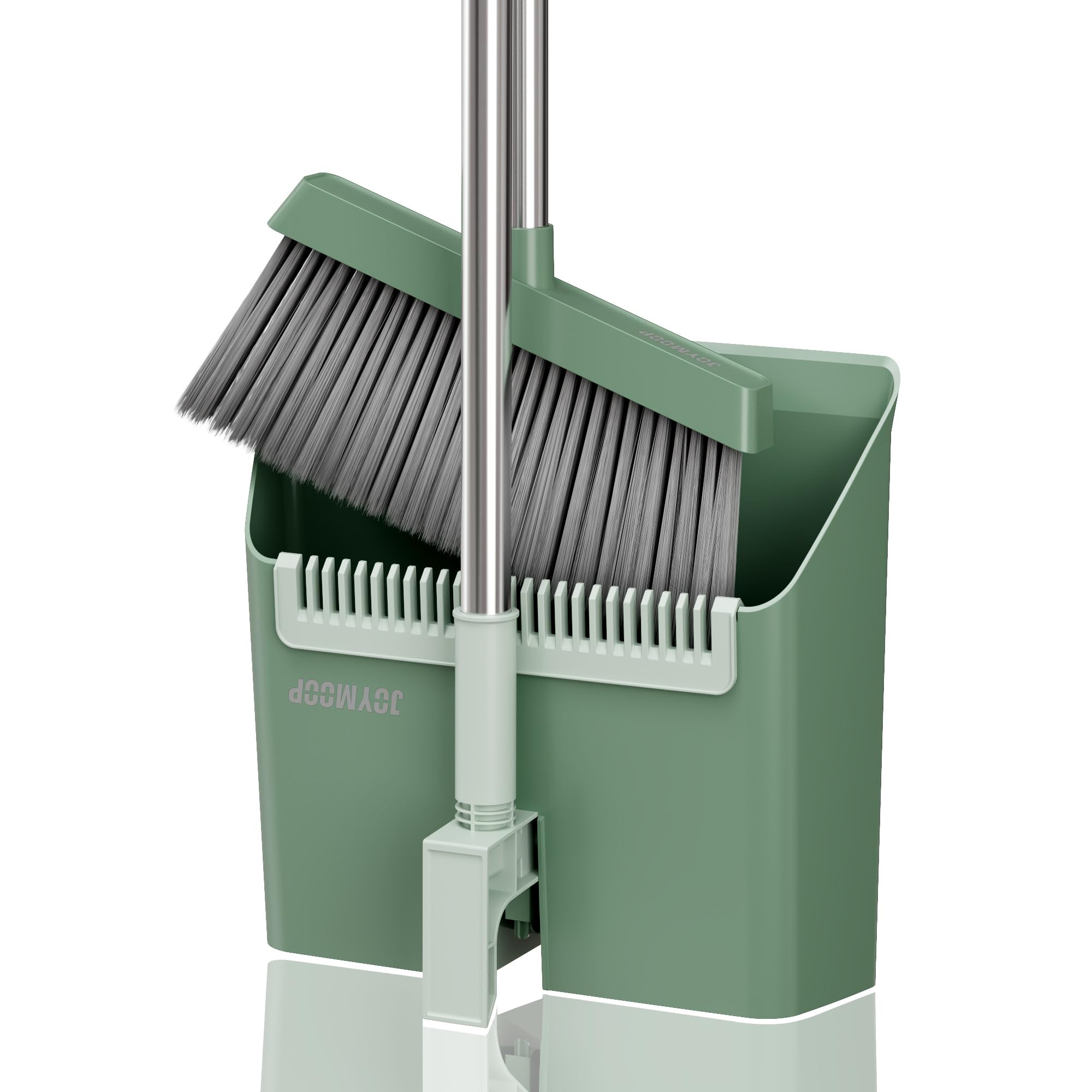 JOYMOOP Dark Teal Green Broom with Dustpan Combo Set, Upright Stand Up Broom with Built-in Comb Teeth, Angle Broom for Home Kitchen Office Lobby, Pet Hair and Hardwood Floor Sweeping