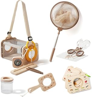 WOODEN TEETHER Solid Wood Scientist Kids 9 Piece Outdoor Toy Insect Catcher Magnifying Glass Kids Compass Mug Loupe Camping Nature Exploration Gift for Boys Girls
