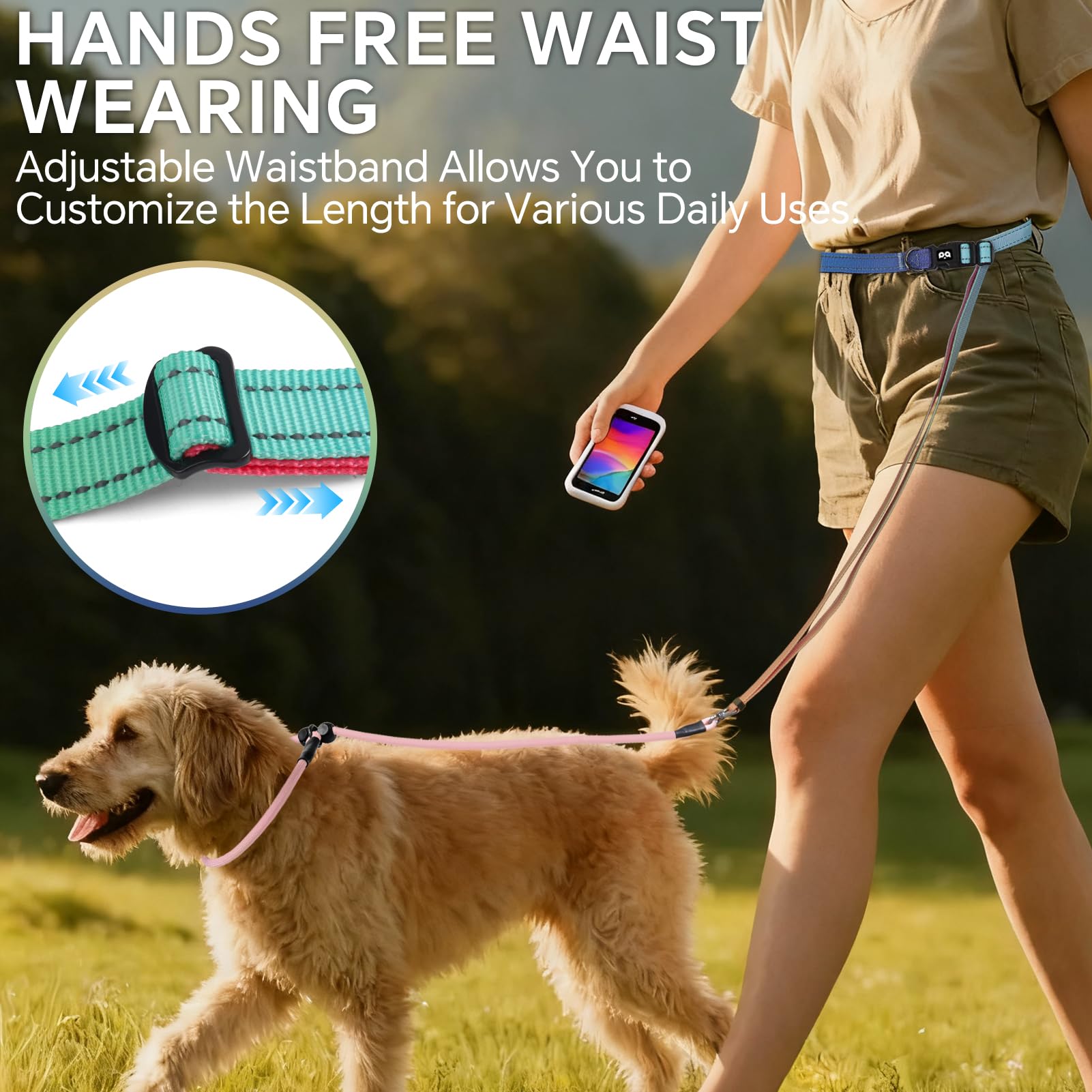 QQPETS Laisse réglable pour chien, mains libres, pour promener le chien, laisse de dressage réfléchissante avec pivot à 360° anti-nœuds, longueur de 1,2 à 2,1 m pour toutes les races
