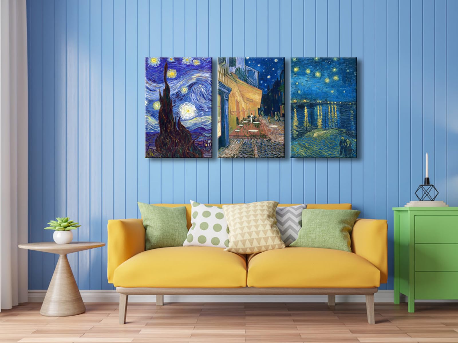 Wieco Art Leinwanddrucke von Vincent Van Gogh, groß, 3-teilig, Reproduktion, Sternennacht über der Rhone, Café, Terrasse bei Nacht, Leinwand-Wandkunst für Wohnzimmer, Heimbüro, Dekor