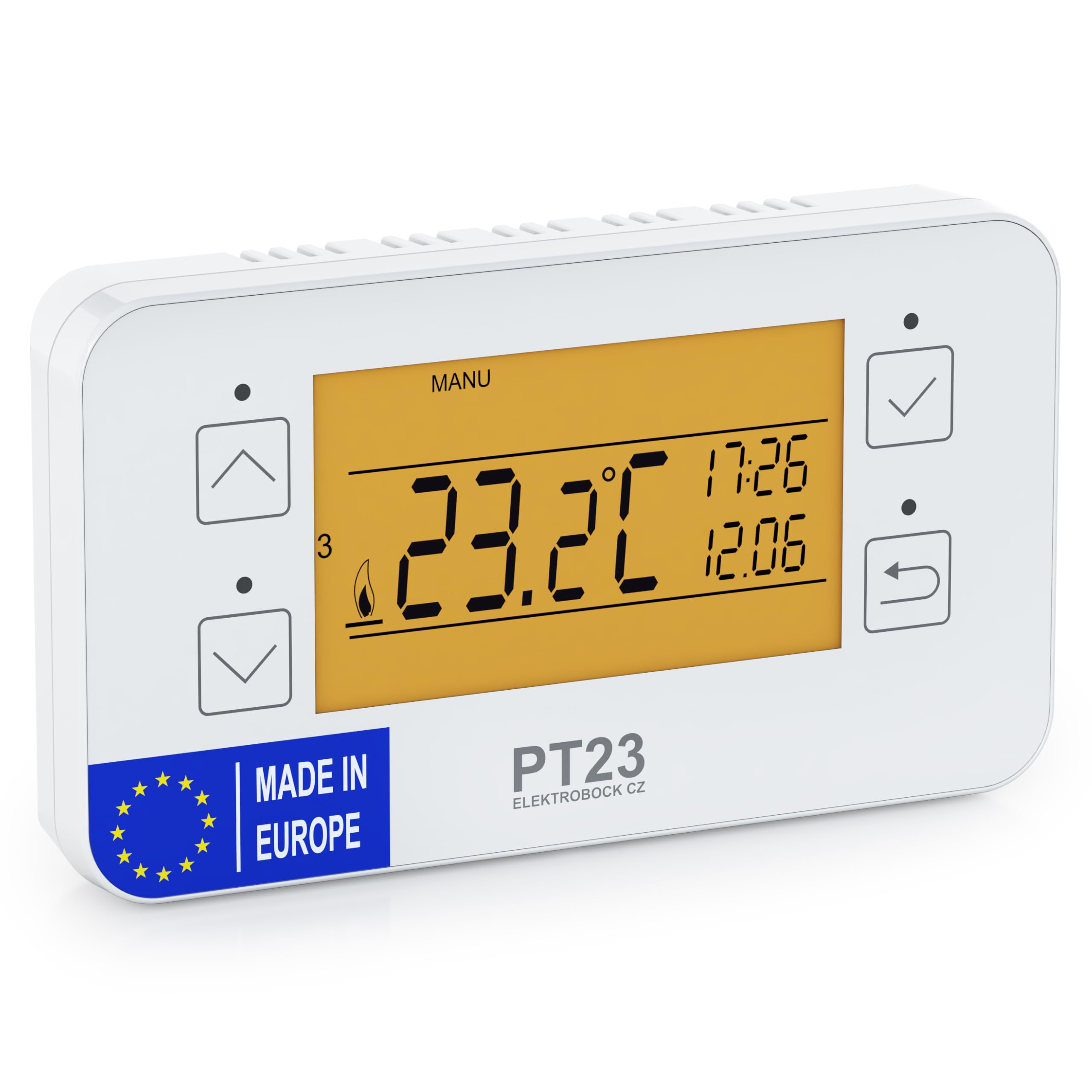 ELEKTROBOCK PT23 - Programmierbares Wandthermostat mit Touch-Tasten - 𝑳𝓐𝑵𝐆𝑳𝜠𝓑𝑰𝐆 - Großes beleuchtetes LCD Display - Wochenprogramm - Batteriebetrieben - Für alle Kesselarten geeignet