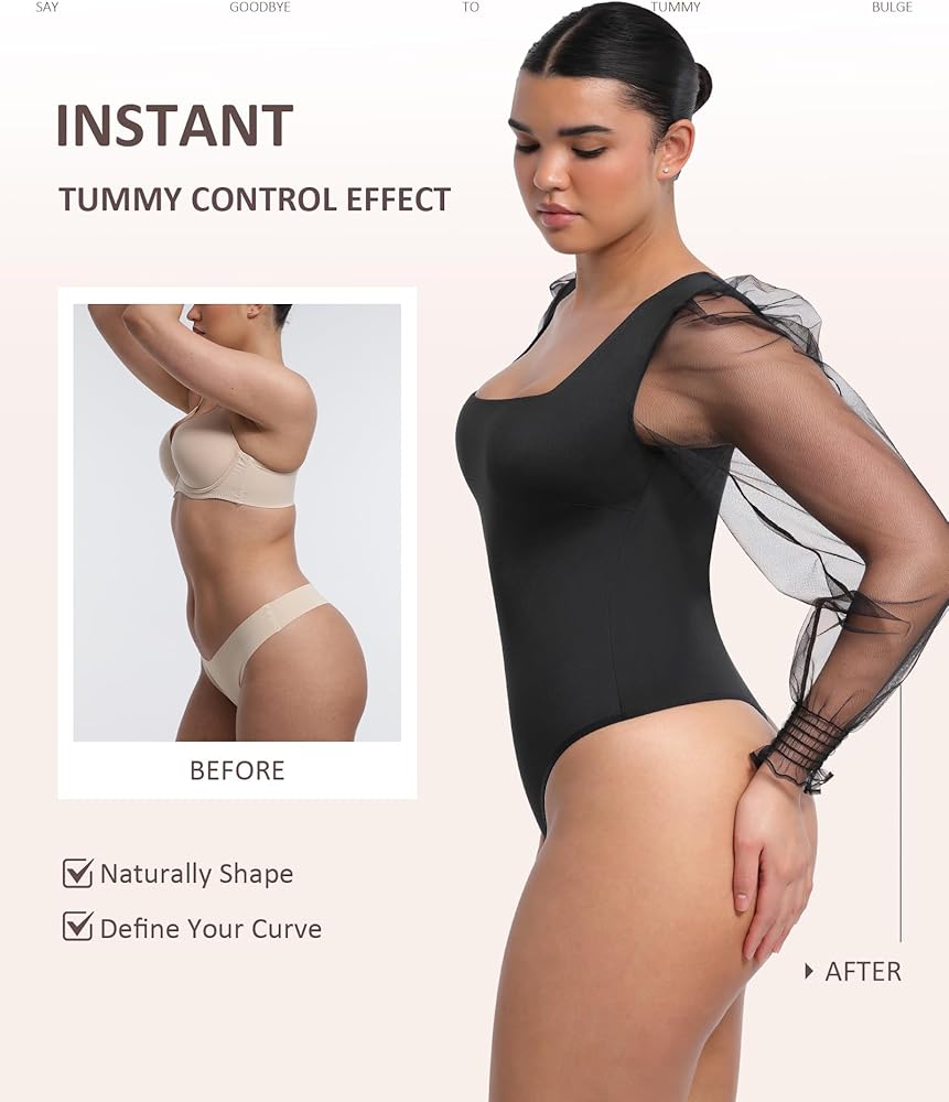 FeelinGirl Long Sleeve Shapewear Bodysuit Womens Mesh Bodysuit